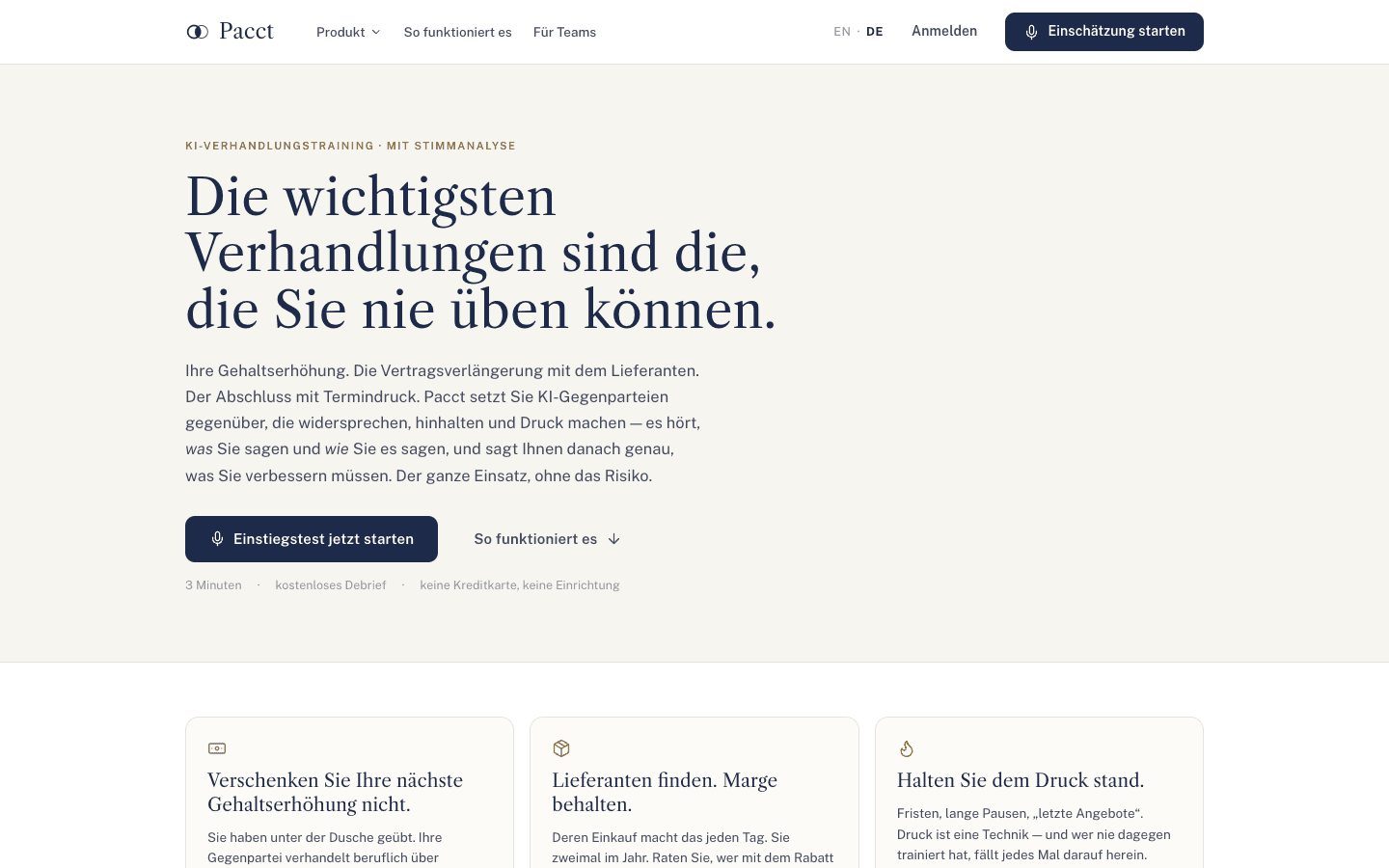 Startseite von Pacct mit der Überschrift «Die wichtigsten Verhandlungen sind die, die Sie nie üben können.»
